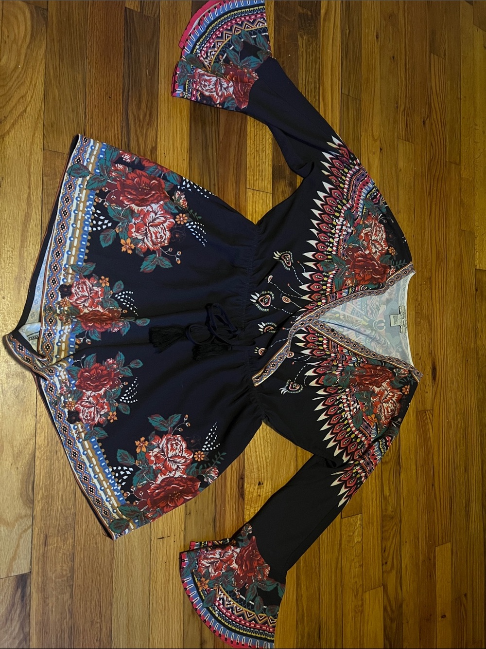 Flying Tomato Black V-Neck Tie-Waist Romper with Red Floral Border